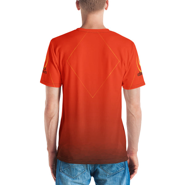 Back view of vibrant orange sublimation t-shirt with diamond design and logo on sleeves.