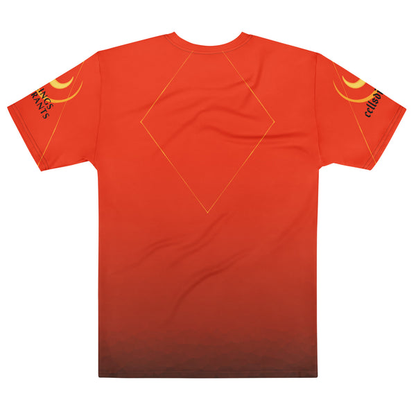 Back view of No Kings No Tyrants men's sublimation T-shirt in vibrant orange with unique design elements.