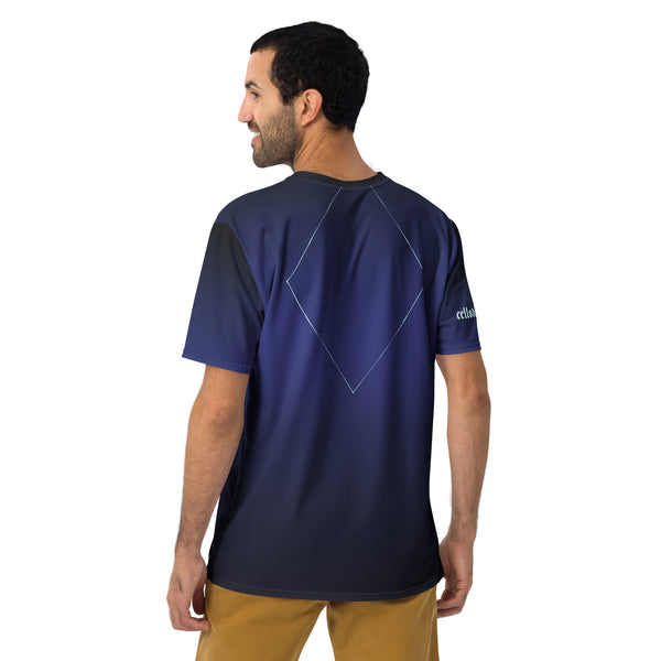 Back view of a man wearing a navy sublimation t-shirt, showcasing a stylish design and comfortable fit.
