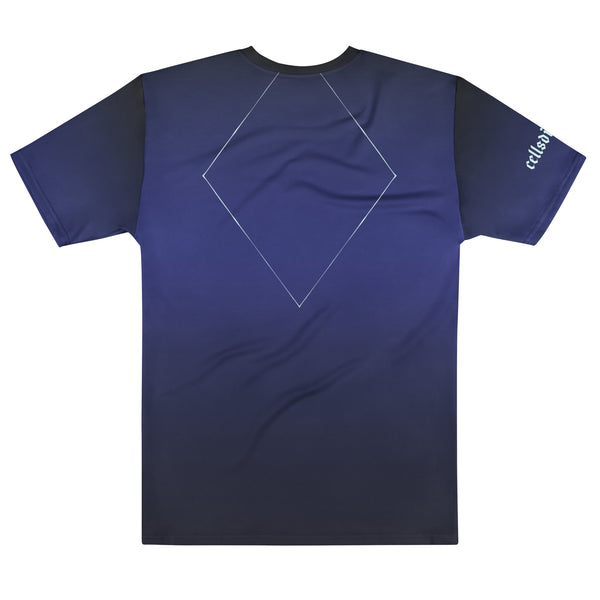 Back view of a navy blue men's crew neck t-shirt featuring a diamond design in white.
