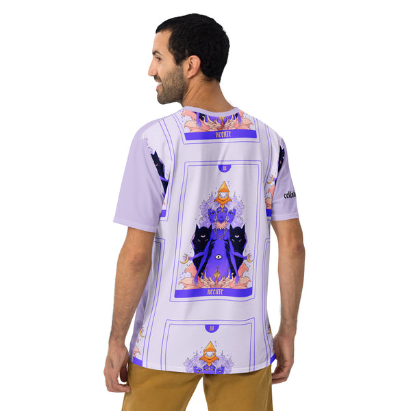 Men's Hecate sublimation t-shirt showcasing goddess artwork in vibrant colors from the back.