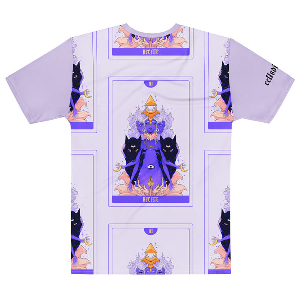 Men's Hecate sublimation t-shirt featuring vibrant artwork of the goddess with cats, smooth cotton-touch fabric.