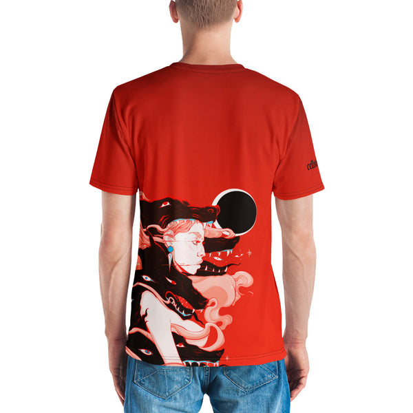 Men's sublimation t-shirt featuring witch artwork with black wolves and solar eclipse, vibrant colors and soft material.