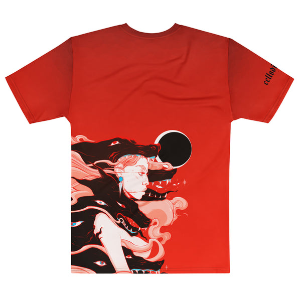 Men's sublimation t-shirt featuring witch artwork, black wolves, and a solar eclipse on a vibrant red background.
