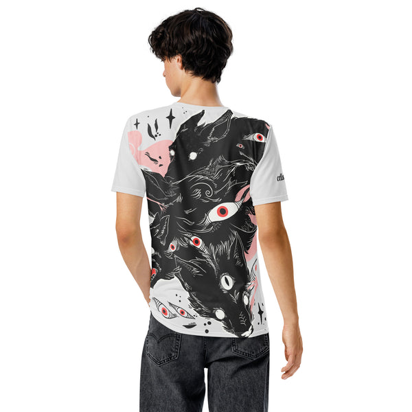 Men's sublimation T-shirt with original artwork of many wolves' faces and eyes, back view.