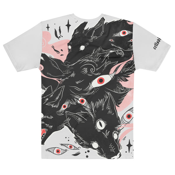 Men's crew neck t-shirt featuring vivid wolf art with striking eyes, created using premium sublimation printing.