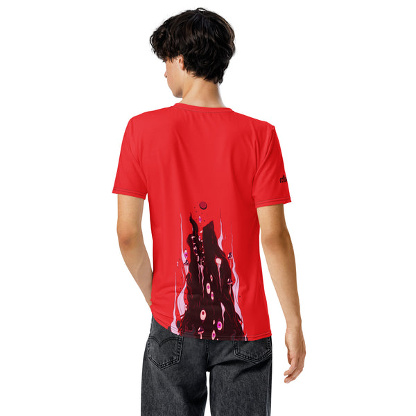 Back view of men's red Rising Wolf sublimation t-shirt featuring vibrant wolf artwork and sleek design.