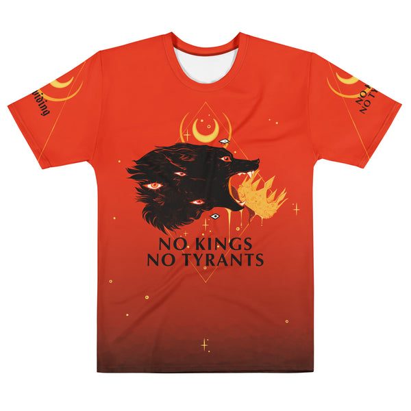 Men's sublimation t-shirt featuring a black wolf and crown design with the quote 'No Kings No Tyrants'.