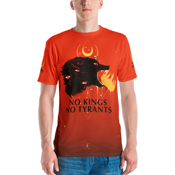 Men's No Kings No Tyrants t-shirt featuring a black wolf and vibrant sublimation design.