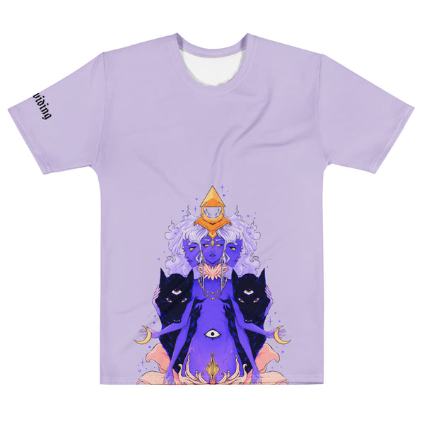 Men's sublimation t-shirt featuring original artwork of Hecate and black cats on a lavender base.