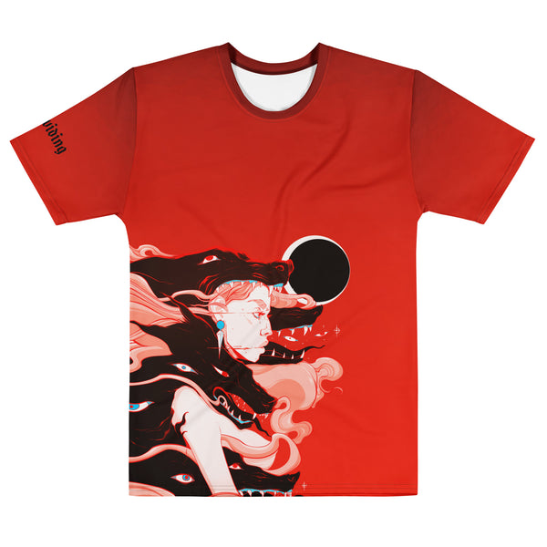 Men's sublimation t-shirt featuring original artwork of a witch, black wolves, and a solar eclipse on a vibrant red background.