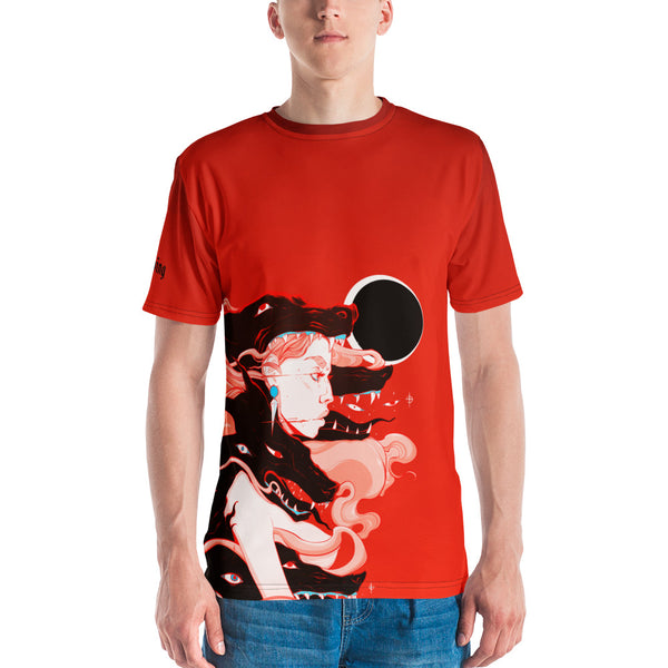 Men's sublimation t-shirt featuring witch artwork with black wolves and solar eclipse design.