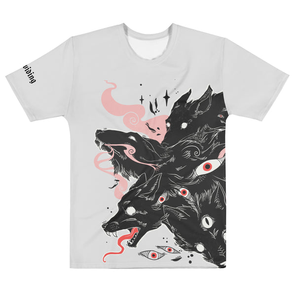 Men's sublimation t-shirt featuring original wolf artwork with vibrant colors and eye designs.