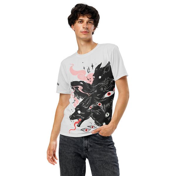 Men's sublimation t-shirt featuring original artwork of many wolves and vibrant colors, perfect for comfortable style.