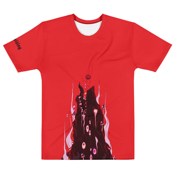 Men's red sublimation t-shirt featuring original dark wolf artwork, lightweight and comfortable fabric.