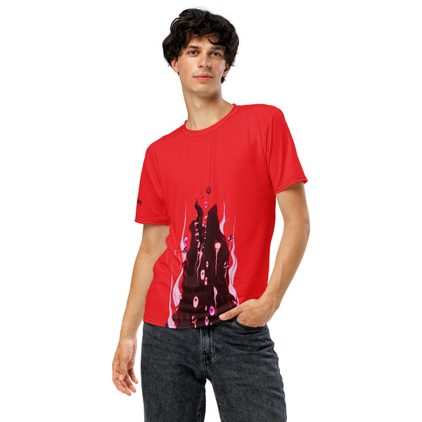 Men's Rising Wolf sublimation t-shirt with vibrant red background and dark wolf artwork, soft lightweight fabric.