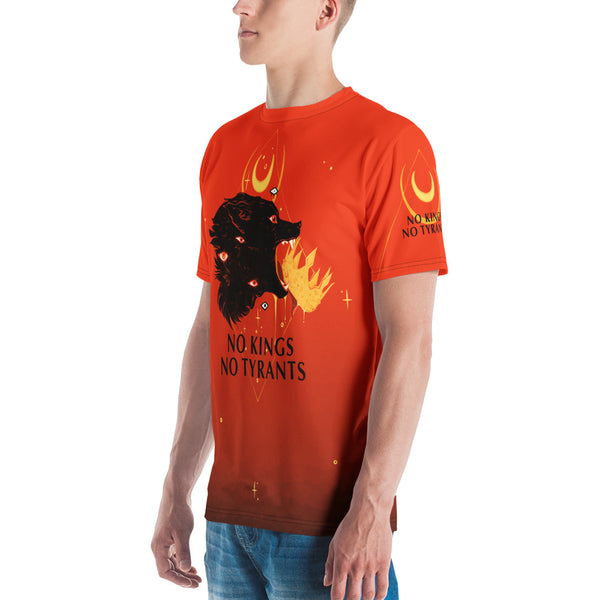 Men's sublimation t-shirt with black wolf and 'No Kings No Tyrants' design in vibrant colors.