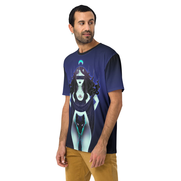 Men's crew neck t-shirt featuring wolf woman art in vibrant sublimation print, lightweight and comfortable.