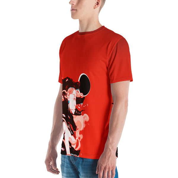 Men's sublimation t-shirt featuring witch and wolves artwork on vibrant red background.