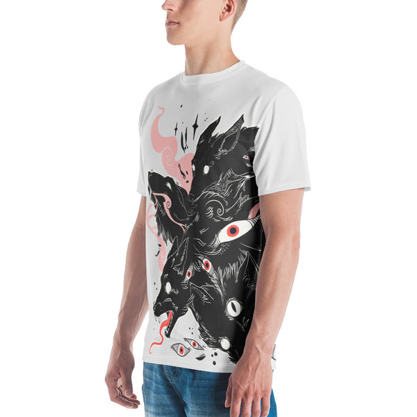 Men's sublimation t-shirt featuring vibrant artwork of multiple wolves with striking eyes.
