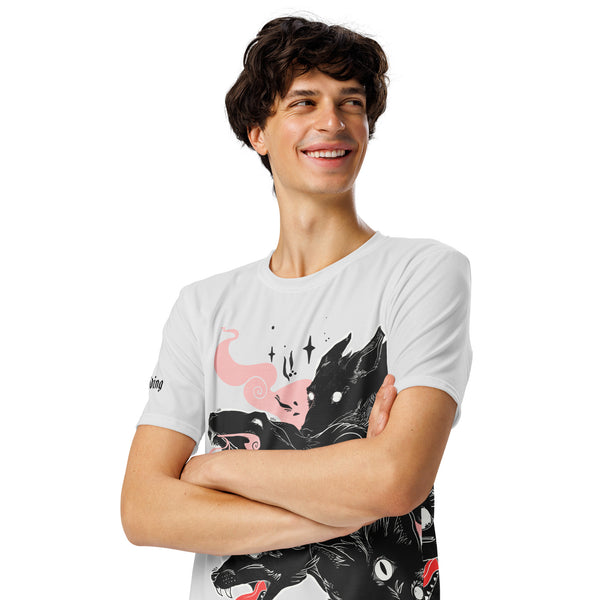 Men's crew neck t-shirt featuring vibrant wolf artwork, soft polyester fabric for comfort and style.