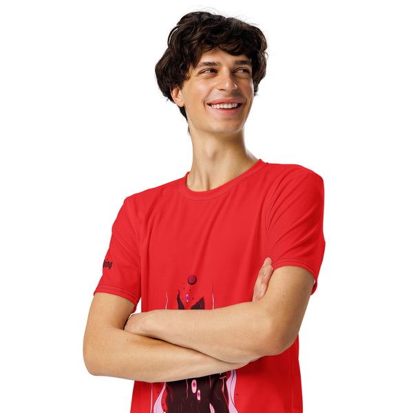 Men's red sublimation t-shirt featuring original dark wolf artwork, soft and lightweight for comfort.