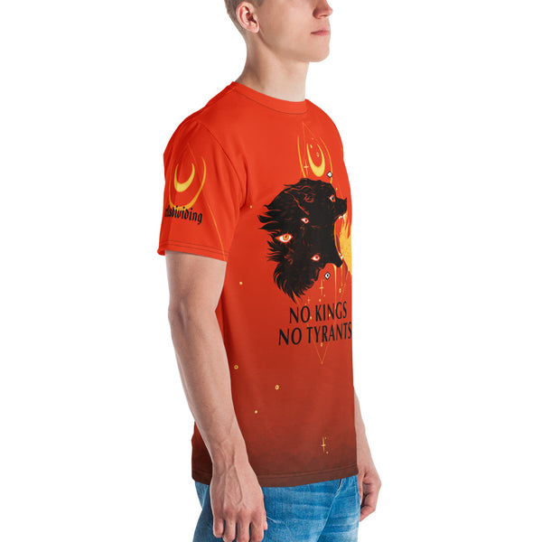 Men's sublimation T-shirt featuring a black wolf and 'No Kings No Tyrants' design in vibrant colors.