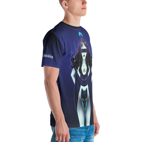 Men's sublimation t-shirt featuring original wolf woman art, vibrant colors, and soft cotton-touch polyester.