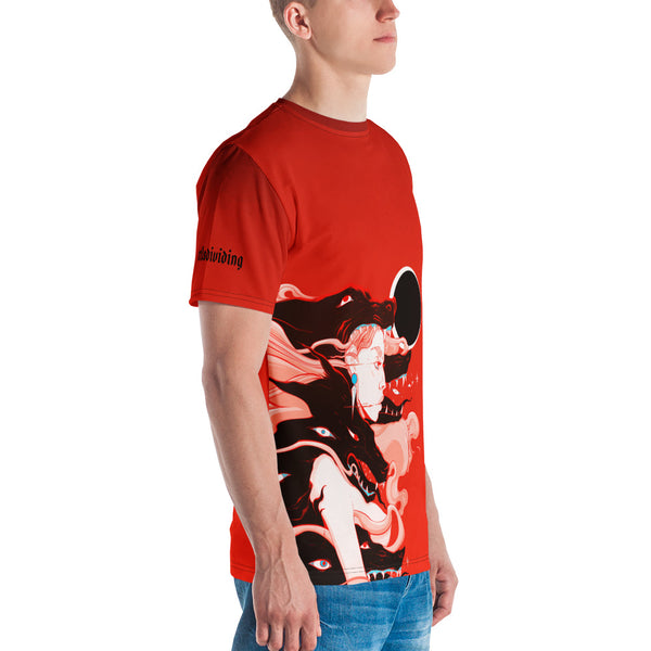 Men's red sublimation t-shirt featuring witch and wolves artwork with solar eclipse design.