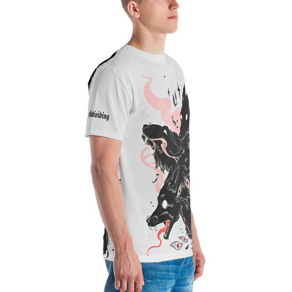 Men's sublimation t-shirt featuring original artwork of multiple wolves in vibrant colors.
