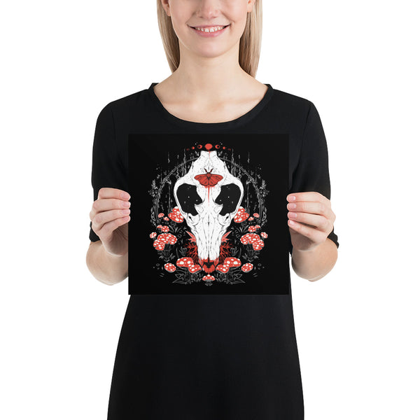 Amanita Muscaria Mushroom And Canis Lupus Wolf Skull, Matte Art Print Poster