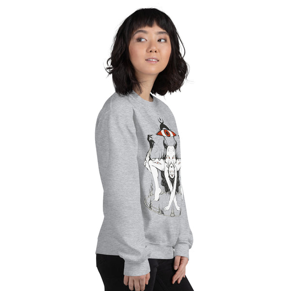model wearing unisex gothic style sweatshirt with artwork