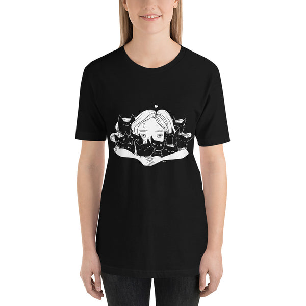 Girl Hugging Cats, Unisex T-Shirt, Black