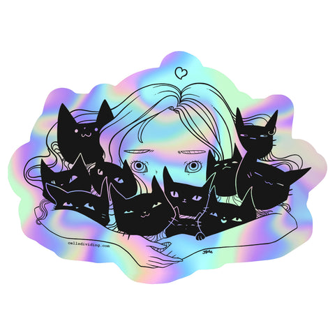 Girl Hugging Cats, Holographic Sticker