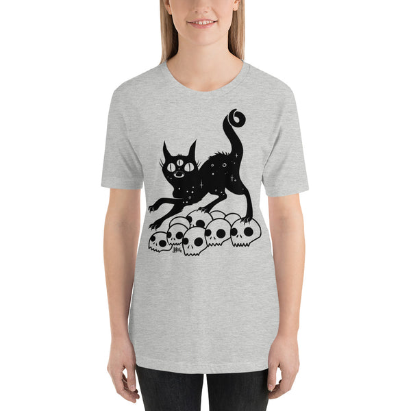 Black Cat On Skulls, Unisex T-Shirt, Athletic Heather
