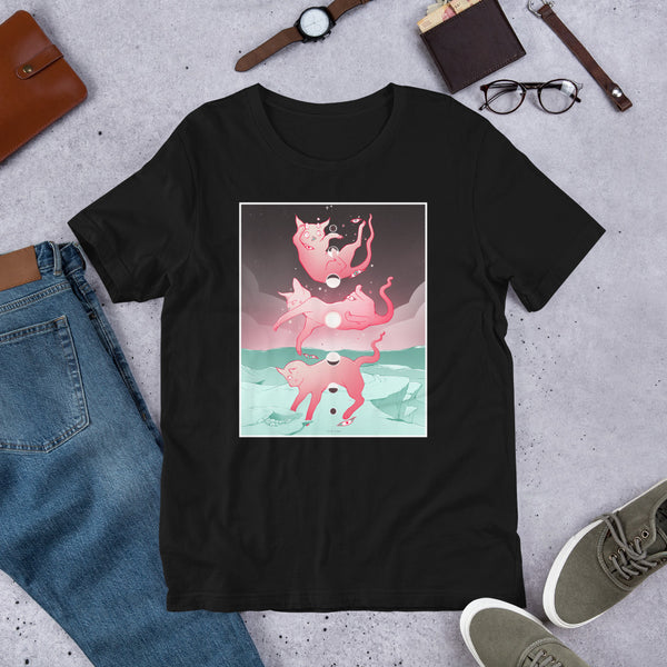 black t-shirt of pink cats falling and moon phases