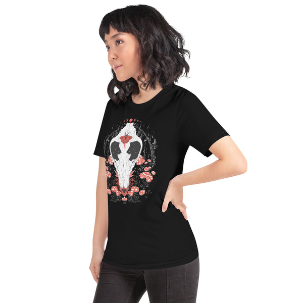 model wearing goth shirt with skull and mushroom cottage core design