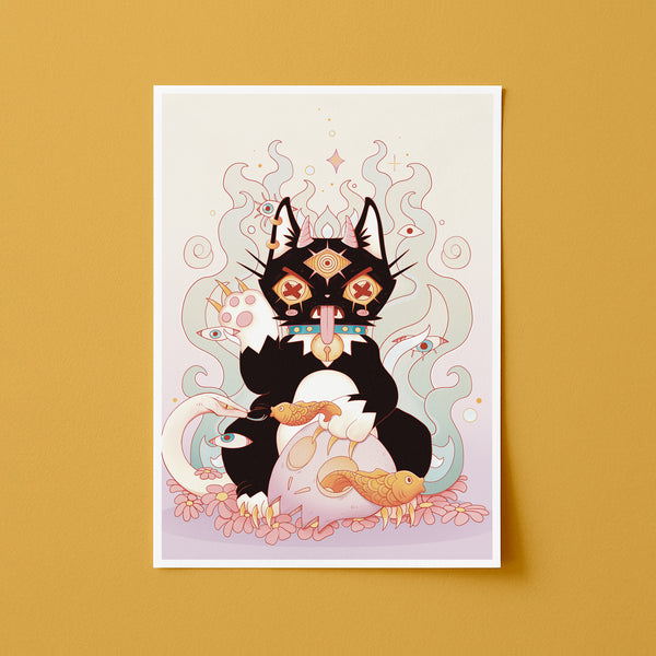 A vertical art print featuring a whimsical illustration of a black cat with stylized eyes and a bow tie, holding a cracked egg with two small birds, displayed against a solid mustard yellow background.