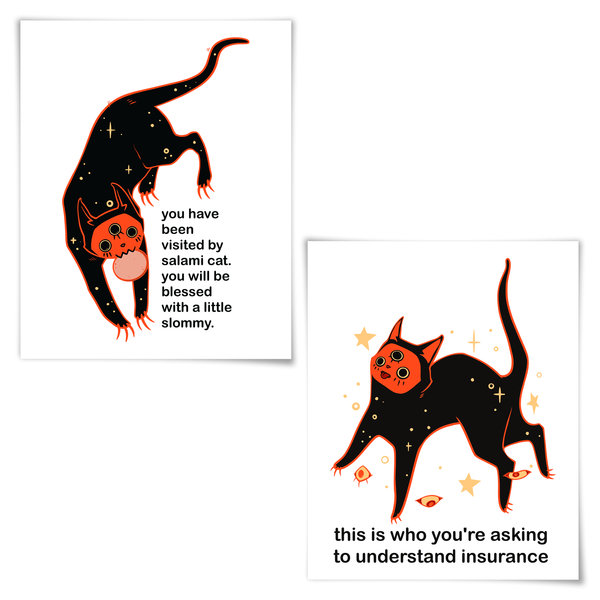 Orion Slommy & Insurance, Set Of 2 Art Prints featuring original black cat artwork with playful text.