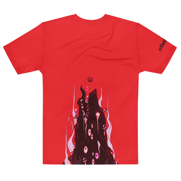 Men's red t-shirt featuring vibrant sublimation artwork of dark abstract flames and shapes on the back.