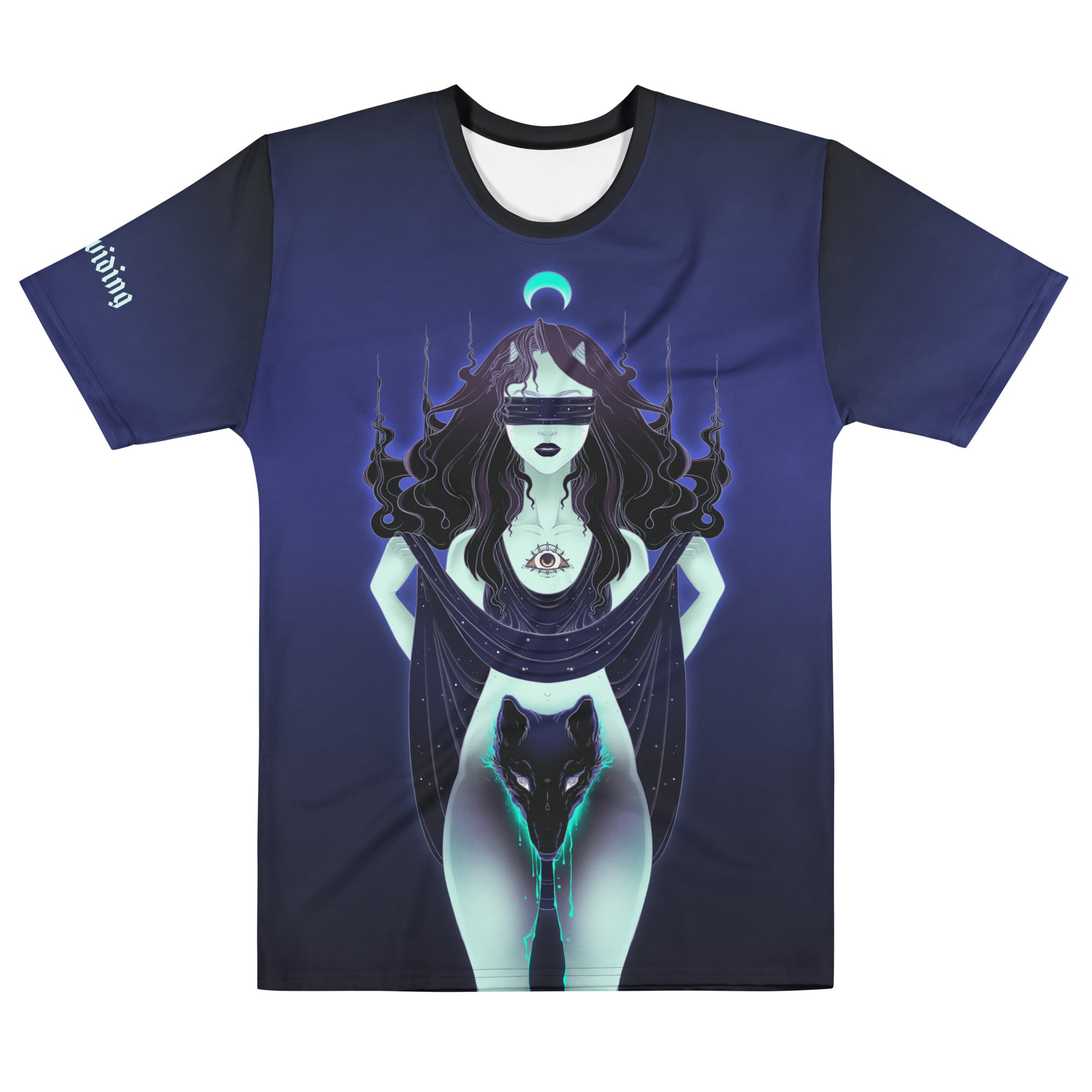 Men's Sublimation T-Shirt featuring a mystical wolf woman design in vibrant colors on a dark background.