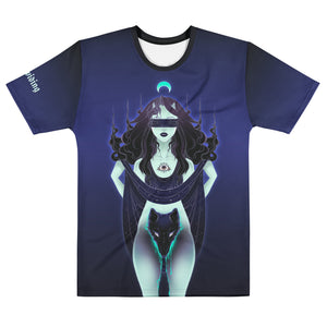 Men's Sublimation T-Shirt featuring a mystical wolf woman design in vibrant colors on a dark background.