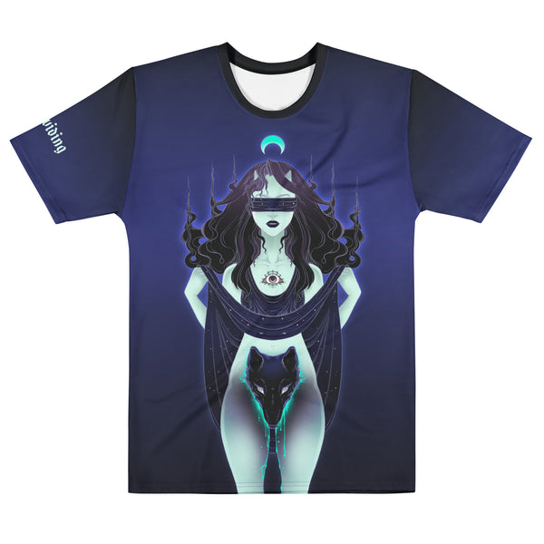 Men's Sublimation T-Shirt featuring a mystical wolf woman design in vibrant colors on a dark background.