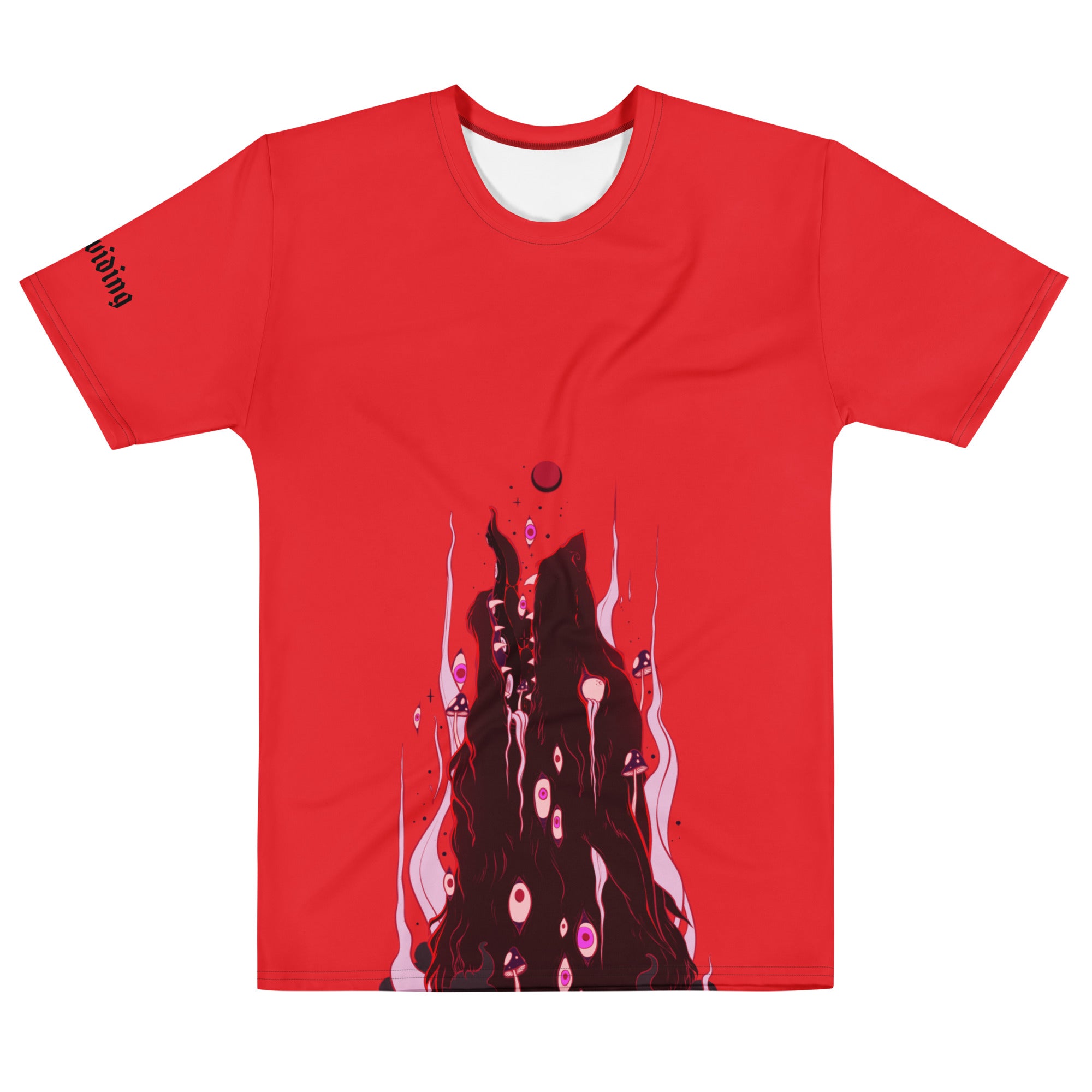 Men's red sublimation t-shirt featuring original dark wolf artwork, lightweight and comfortable fabric.