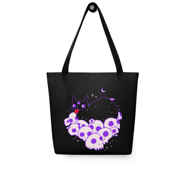 Cat On Skulls 2, Tote Bag featuring hand-drawn artwork of a black cat among cute skulls on a spacious tote bag.