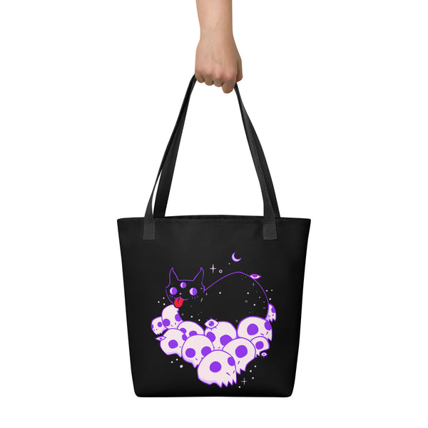 Cat On Skulls 2, Tote Bag featuring a hand-drawn black cat over cute skulls, spacious and stylish for everyday use.