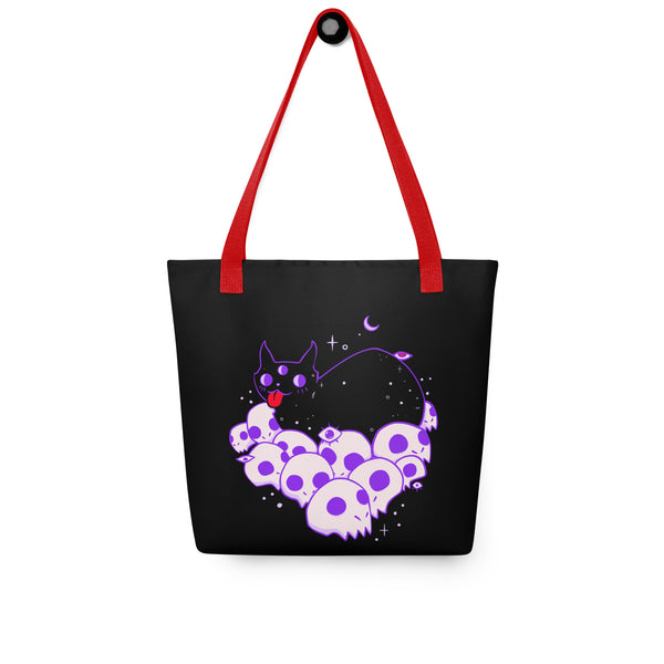 Cat On Skulls 2, Tote Bag featuring black cat artwork on skulls, spacious design for carrying essentials.