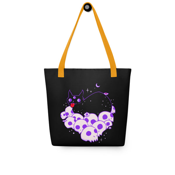 Cat On Skulls 2, Tote Bag with hand-drawn black cat surrounded by cute purple skulls, spacious for carrying essentials.