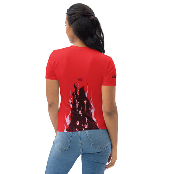 Back view of women's red sublimation t-shirt featuring dark wolf artwork and vibrant colors.