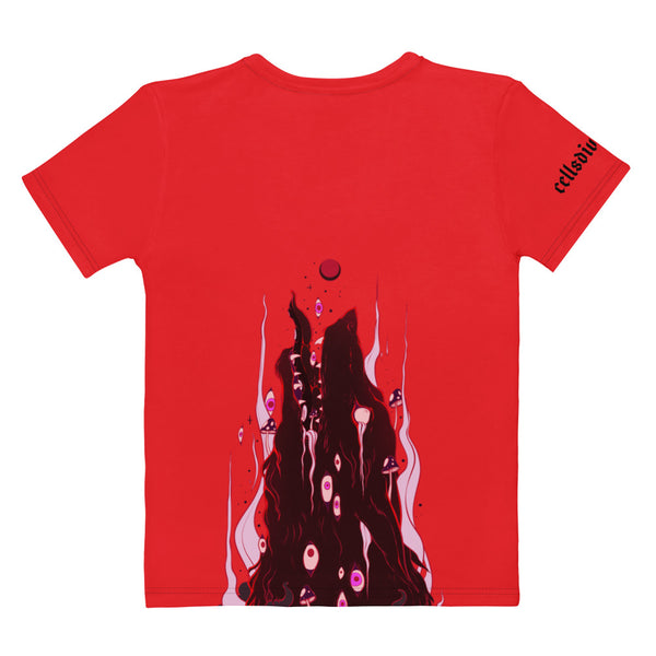 Back view of Wolf Rising women's red crew neck t-shirt with original dark wolf artwork and bold sublimation print.
